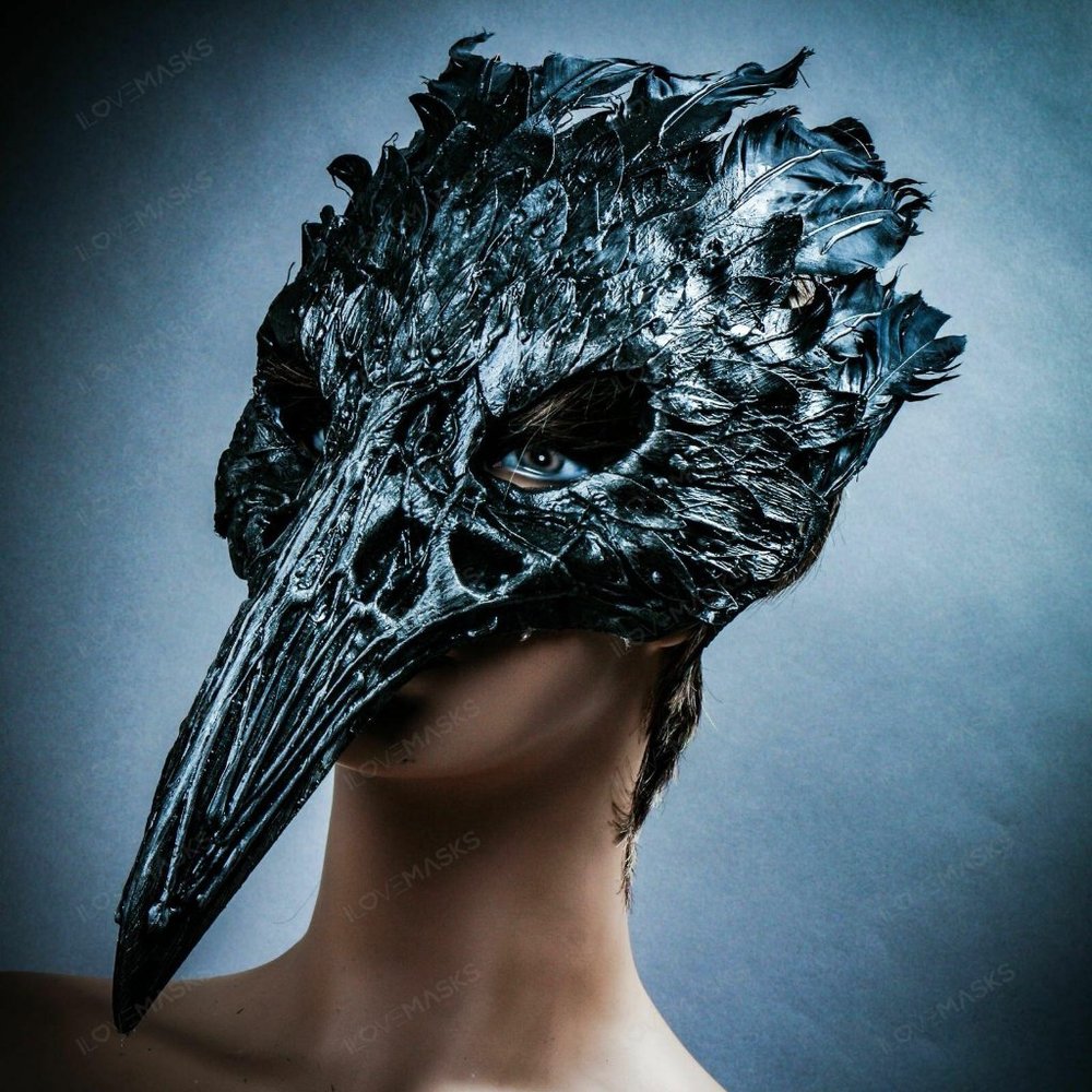 Black Raven Skull Nose w/ Feather Halloween Mask